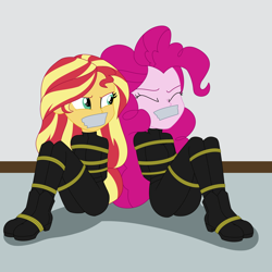 Size: 2000x2000 | Tagged: safe, artist:nie-martw-sie-o-mnie, pinkie pie, sunset shimmer, human, equestria girls, g4, ass, bondage, boots, bound and gagged, butt, catsuit, duo, duo female, eyes closed, female, gag, high res, rope, rope bondage, shoes, tape, tape gag, tied up