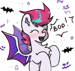 Size: 2048x1927 | Tagged: safe, artist:greatsunflow42, zipp storm, bat, bat pony, pony, g5, ^^, bat ponified, boo, chest fluff, eyes closed, fangs, halloween, holiday, open mouth, open smile, race swap, simple background, smiling, solo, white background, zippbat