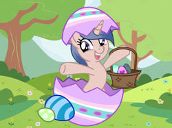 Size: 1033x774 | Tagged: safe, artist:starlingsentry27, oc, oc only, pony, unicorn, basket, bipedal, easter, easter basket, easter egg, excited, female, flower, grass, hill, holiday, horn, mare, outdoors, solo, tree, unicorn oc