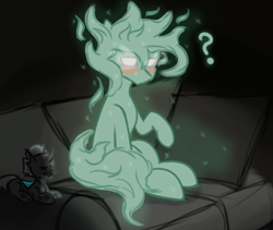 Size: 2194x1856 | Tagged: safe, artist:ashel_aras, oc, oc only, changeling, ghost, ghost pony, pony, undead, couch, dark background, duo, embarrassed, looking at you, lying down, pleased, prone, question mark, sitting