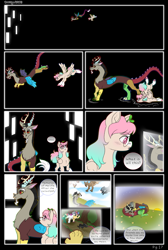 Size: 2350x3500 | Tagged: safe, artist:dozyarts, discord, oc, oc:dozy, draconequus, pegasus, pony, comic:dozy, g4, female, high res, mare