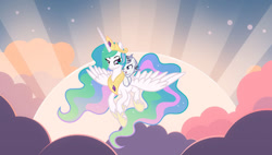 Size: 1280x726 | Tagged: safe, artist:vi45, princess celestia, oc, pony, g4, female, filly, flying, foal, needs more jpeg, sunrise