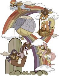 Size: 2000x2553 | Tagged: safe, artist:blubble-the-blubs, artist:yoditax, applejack, fluttershy, rainbow dash, twilight sparkle, earth pony, pony, unicorn, g4, artificial wings, augmented, design, goggles, hat, high res, hot air balloon, implied amputation, jetpack, looking down, looking up, mechanical wing, monocle, rainbow, shirt design, steampunk, top hat, unicorn twilight, wings