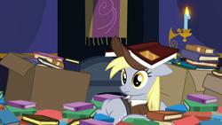Size: 1920x1080 | Tagged: safe, screencap, derpy hooves, pegasus, pony, g4, season 6, to where and back again, 1080p, book, box, candle, crash, female, mailmare, mailmare uniform, mare, mess, oof, oops, silly, solo, twilight's castle