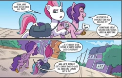 Size: 1032x656 | Tagged: safe, idw, official comic, pipp petals, zipp storm, pegasus, pony, g5, spoiler:comic, spoiler:g5comic, spoiler:g5comic11, butt, cookie, dialogue, duo, duo female, english, female, food, implied hitch trailblazer, maretime bay, plot, royal sisters (g5), siblings, sisters