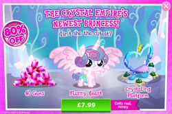 Size: 1956x1301 | Tagged: safe, gameloft, princess flurry heart, alicorn, crystal pony, pony, g4, my little pony: magic princess, advertisement, baby, bush, costs real money, crystallized, cute, diaper, english, female, filly, flurrybetes, foal, gem, horn, introduction card, mare, mobile game, numbers, sale, solo, spread wings, text, wings