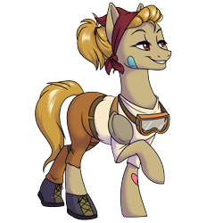 Size: 2000x2000 | Tagged: safe, artist:floots, oc, oc:bowel grinder, oc:gear shift, earth pony, pony, bandaid, bandana, belt, clothes, female, goggles, high res, mare, pants, shoes, shoulder pads, smiling, solo, split personality