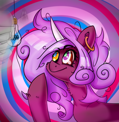Size: 1614x1650 | Tagged: safe, artist:ybkathan, oc, oc only, oc:dewulf, pony, unicorn, abstract background, crazy eyes, ear piercing, lamp, piercing, psycho, solo