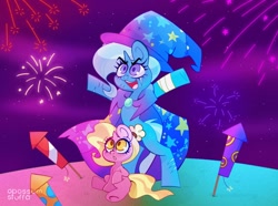 Size: 1472x1096 | Tagged: safe, artist:opossum-stuff, luster dawn, trixie, pony, unicorn, g4, duo, female, filly luster dawn, fireworks