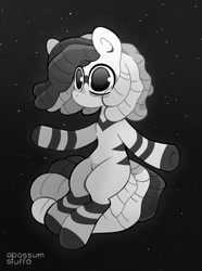 Size: 1370x1840 | Tagged: safe, artist:opossum-stuff, oc, oc only, zebra, black and white, dreadlocks, grayscale, monochrome, solo, space, wide eyes, zebra oc