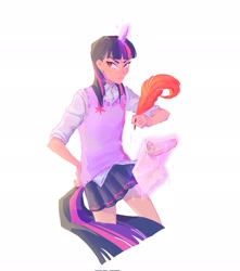 Size: 1807x2048 | Tagged: safe, artist:la_ma_grama, twilight sparkle, human, g4, clothes, female, horn, horned humanization, humanized, light skin, magic, quill, scroll, simple background, skirt, solo, tail, tailed humanization, telekinesis, white background