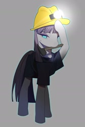 Size: 1365x2030 | Tagged: safe, artist:6ji5z6gmst1j2vs, maud pie, earth pony, pony, g4, female, gray background, helmet, mining helmet, mouth hold, simple background, solo