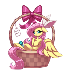 Size: 3527x3749 | Tagged: safe, artist:confetticakez, fluttershy, pegasus, pony, g4, basket, blushing, bunny ears, cute, easter, easter egg, female, floppy ears, high res, holiday, implied angel bunny, mare, shyabetes, simple background, smiling, solo, text, white background