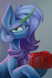 Size: 2000x3000 | Tagged: safe, artist:anastas, oc, oc:cyanite star, crystal pony, hybrid, original species, pony, unicorn, birthday gift, birthday gift art, blue coat, blue fur, box, bust, clothes, commission, crystal, crystal horn, curved horn, emerald, gift art, gift wrapped, gradient background, green eyes, happy birthday, high res, horn, looking at you, oda 1997, portrait, present, purple hair, purple mane, ribbon, scarf, smiling, smiling at you, solo, sternocleidomastoid, transformation