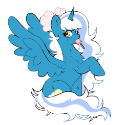 Size: 871x852 | Tagged: safe, artist:sxlipsis, oc, oc only, oc:fleurbelle, alicorn, pony, alicorn oc, bow, female, food, hair bow, horn, mare, popsicle, simple background, sitting, solo, sweat, transparent background, wings, yellow eyes