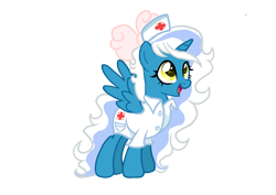 Size: 1754x1240 | Tagged: safe, artist:darling-dreamer, oc, oc only, oc:fleurbelle, alicorn, pony, alicorn oc, bow, cute, female, hair bow, hat, horn, mare, nurse, nurse hat, nurse outfit, simple background, solo, transparent background, wingding eyes, wings, yellow eyes