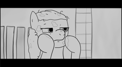 Size: 1107x605 | Tagged: safe, artist:zan logemlor, twist, earth pony, pony, g4, american psycho, female, filly, foal, grayscale, monochrome, patrick bateman, solo