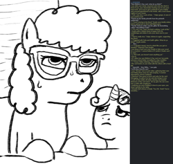 Size: 1436x1364 | Tagged: safe, artist:zan logemlor, sweetie belle, twist, earth pony, pony, unicorn, g4, american psycho, female, filly, foal, glasses, greentext, horn, patrick bateman, text