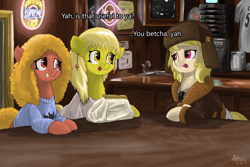 Size: 2160x1440 | Tagged: safe, artist:atteez, march gustysnows, earth pony, pony, g4, clothes, dialogue, ear piercing, fargo, female, hat, indoors, mare, open mouth, open smile, piercing, smiling, sweater, trio, trio female