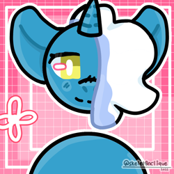 Size: 900x900 | Tagged: safe, artist:skelet0nclique, oc, oc only, oc:fleurbelle, alicorn, pony, alicorn oc, female, hair over one eye, horn, mare, pink background, simple background, smiling, solo, wings, yellow eyes