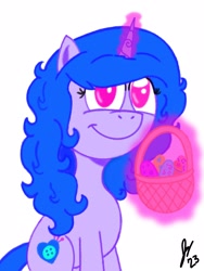Size: 1620x2160 | Tagged: safe, artist:jesslmc16, izzy moonbow, pony, unicorn, g5, basket, bust, character, colored, digital art, easter, easter basket, easter egg, egg, female, grin, happy, happy easter, holiday, levitation, magic, mare, portrait, procreate app, smiling, solo, telekinesis