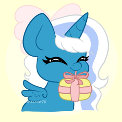 Size: 2050x2050 | Tagged: safe, artist:pen-art78, oc, oc only, oc:fleurbelle, alicorn, pony, adorabelle, alicorn oc, bow, cute, female, hair bow, happy, high res, horn, mare, mouth hold, ocbetes, present, simple background, smiling, solo, wings, yellow background