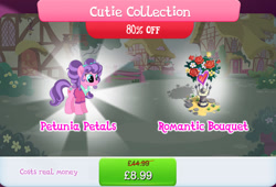 Size: 1263x860 | Tagged: safe, gameloft, petunia petals, earth pony, pony, g4, my little pony: magic princess, bouquet, bouquet of flowers, bundle, clothes, costs real money, cutie collection, english, female, flower, flower in hair, mare, mobile game, numbers, sale, solo, text