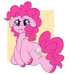 Size: 700x750 | Tagged: safe, artist:lulubell, pinkie pie, earth pony, pony, g4, :c, chest fluff, crying, floppy ears, frown, kneeling, sad, simple background, solo, teary eyes, unshorn fetlocks, white background