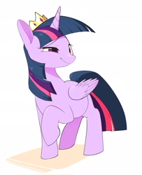 Size: 1663x2048 | Tagged: safe, artist:cheesesauce_45, twilight sparkle, alicorn, pony, g4, crown, jewelry, raised hoof, regalia, simple background, smiling, solo, standing, twilight sparkle (alicorn), white background