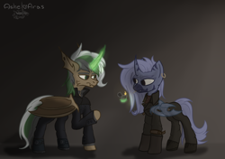 Size: 3825x2700 | Tagged: safe, artist:ashel_aras, oc, oc only, bat pony, changedling, changeling, hybrid, zebra, cigarette, clothes, dark background, dissatisfied, duo, high res, lighter, magic, misunderstanding, offering, telekinesis