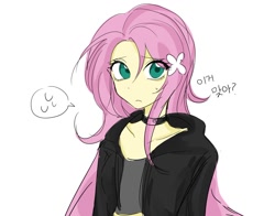 Size: 1060x829 | Tagged: safe, artist:rainn__1026, fluttershy, human, equestria girls, g4, bust, choker, clothes, female, hoodie, korean, simple background, solo, white background