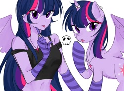 Size: 1139x836 | Tagged: safe, artist:rainn__1026, twilight sparkle, alicorn, human, pony, equestria girls, g4, chest fluff, clothes, duo, ear piercing, female, goth, human ponidox, piercing, self paradox, self ponidox, simple background, socks, striped socks, twilight sparkle (alicorn), white background, wings
