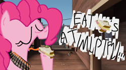 Size: 1800x1000 | Tagged: safe, pinkie pie, g4, /mlp/ tf2 general, 2fort, bullet, bullet belt, food, heavy weapons guy, open mouth, sandvich, sandwich, team fortress 2, text