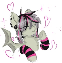 Size: 631x637 | Tagged: safe, artist:greatsunflow42, oc, oc only, oc:gravel shine, bat pony, pony, arm warmers, clothes, ear piercing, earring, eyes closed, fangs, heart, jewelry, not fluttershy, piercing, solo