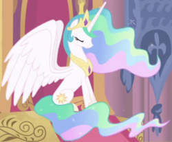 Size: 502x416 | Tagged: safe, screencap, princess celestia, alicorn, pony, g4, season 1, season 2, cropped, crown, ethereal mane, ethereal tail, female, horn, intro, jewelry, mare, regalia, solo, spread wings, tail, wings