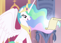 Size: 1527x1080 | Tagged: safe, screencap, princess celestia, alicorn, pony, g4, season 1, season 2, cropped, crown, ethereal mane, ethereal tail, female, horn, intro, jewelry, mare, regalia, solo, spread wings, tail, wings