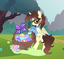 Size: 1300x1200 | Tagged: safe, artist:darbypop1, oc, oc:darby, alicorn, pony, basket, easter egg, female, glasses, mare, solo