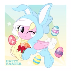 Size: 1773x1773 | Tagged: safe, artist:jhayarr23, oc, oc only, oc:bay breeze, pegasus, pony, animal costume, bunny costume, clothes, costume, cute, easter, egg, female, holiday, looking at you, mare, one eye closed, pegasus oc, solo, wink, winking at you