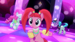 Size: 960x541 | Tagged: safe, screencap, azure velour, flashdancer, pacific glow, earth pony, pony, g4, the saddle row review, :o, animated, ass-ure velour, azurebutt, bangs, bipedal, butt, butt shake, clothes, cute, dancing, dancing queen, female, flank spin, flexible, furry leg warmers, glowbutt, glowstick, gyration, leg warmers, mare, open mouth, pacifier, pigtails, plot, rave, tail, tail twirl