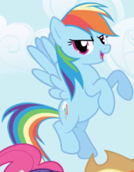 Size: 417x536 | Tagged: safe, screencap, rainbow dash, pegasus, pony, g4, season 1, season 2, cropped, female, flying, intro, mare, solo focus, spread wings, wings