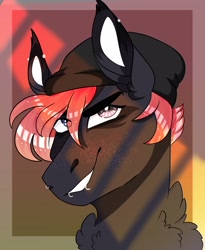 Size: 3134x3815 | Tagged: safe, artist:inisealga, oc, oc only, oc:fae lagoon, hybrid, kelpie, pegasus, pony, beanie, bust, dyed hair, female, hat, high res, hybrid oc, lip piercing, looking at you, mare, neck fluff, piercing, portrait, smiling, smiling at you, smirk, solo
