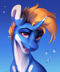 Size: 2480x2981 | Tagged: safe, artist:mithriss, oc, oc only, bird, hybrid, seagull, fangs, high res, horn, male, open mouth, open smile, smiling, solo, stallion, teeth