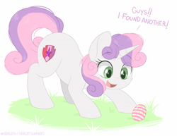 Size: 1200x928 | Tagged: safe, artist:higglytownhero, sweetie belle, pony, unicorn, g4, cute, dialogue, diasweetes, easter, easter egg, eye clipping through hair, eyebrows, eyebrows visible through hair, female, filly, foal, grass, holiday, horn, open mouth, open smile, smiling, solo, talking, the cmc's cutie marks
