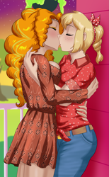 Size: 1265x2048 | Tagged: safe, artist:thebrokencog, adagio dazzle, applejack, human, equestria girls, g4, asymmetrical docking, big breasts, breasts, breasts touching, busty adagio dazzle, button-up shirt, clothes, cog's kisses, commission, couple, crack shipping, dazzlejack, denim, dress, duo, duo female, evening, eyes closed, eyeshadow, fanfic, fanfic art, farm, female, freckles, hands behind back, in love, jeans, kiss on the lips, kissing, lesbian, love, makeup, marriage, married, married couple, pants, polka dots, ponytail, romance, shipping, shirt, small breasts, sweet apple acres, wife