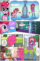 Size: 1800x2740 | Tagged: safe, artist:candyclumsy, pinkie pie, earth pony, human, pony, equestria girls, g4, apple pinkie, comic, creepy, dialogue, emanata, food transformation, high res, mirror portal, nightmare fuel, no eyes, open mouth, open smile, pinkie being pinkie, pondering, scared, smiling, speech bubble, thought bubble, wat, weeeeeeee, what has magic done
