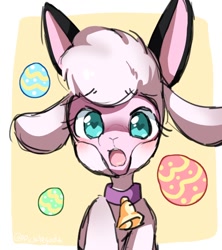 Size: 800x900 | Tagged: safe, artist:catsonmarss, artist:picklescatt, pom (tfh), lamb, sheep, them's fightin' herds, adorapom, bell, bell collar, blushing, bunny ears, collar, community related, cute, easter, easter egg, female, heart, heart eyes, holiday, open mouth, solo, wingding eyes