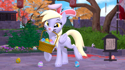 Size: 3840x2160 | Tagged: safe, artist:owlpirate, derpy hooves, pegasus, pony, g4, 3d, 4k, basket, bunny ears, cute, derpabetes, easter, easter basket, easter egg, female, genshin impact, high res, holiday, looking at you, mare, mouth hold, smiling, smiling at you, solo, source filmmaker, standing on two hooves