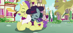 Size: 1024x473 | Tagged: safe, dandy grandeur, turner mccolt, earth pony, pony, unicorn, g4, awww, blushing, clothes, couple, cute, daaaaaaaaaaaw, duo, duo male, eyes closed, facial hair, gay, hat, male, mccolt family, moustache, ponyville, shipping, stallion, turnergrandeur