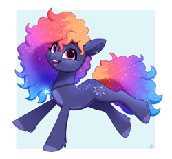 Size: 1446x1340 | Tagged: safe, artist:luminousdazzle, oc, oc only, oc:polaris, earth pony, pony, back freckles, curly mane, ear piercing, earring, earth pony oc, ethereal mane, female, freckles, galaxy mane, happy, jewelry, long mane, mare, necklace, open mouth, open smile, piercing, simple background, smiling, solo, starry mane