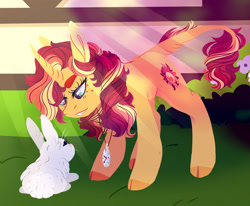 Size: 1280x1053 | Tagged: safe, artist:faritallkie, sunset shimmer, classical unicorn, pony, rabbit, unicorn, g4, animal, cloven hooves, crepuscular rays, female, horn, jewelry, leonine tail, mare, necklace, redesign, solo, unshorn fetlocks, watch